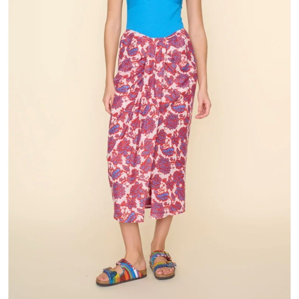 Xirena Celia Skirt Silk Cotton Midi Red Handsketched Floral Ikat Midi XS Resort